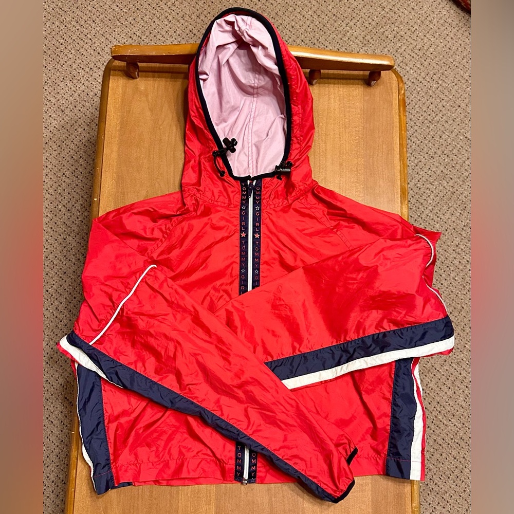 VINTAGE Y2K Tommy Hilfiger Red and Navy Zip Up Jacket with Hood